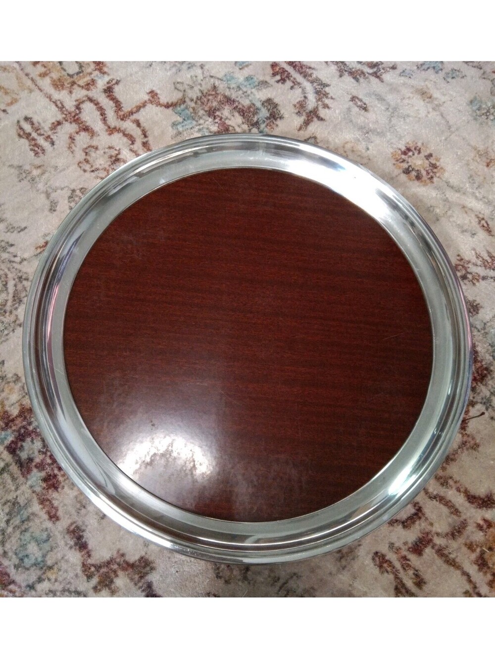 Vintage Crescent Silverplate Formica Tray 16.5" Round MCM Barware Platter 8M16